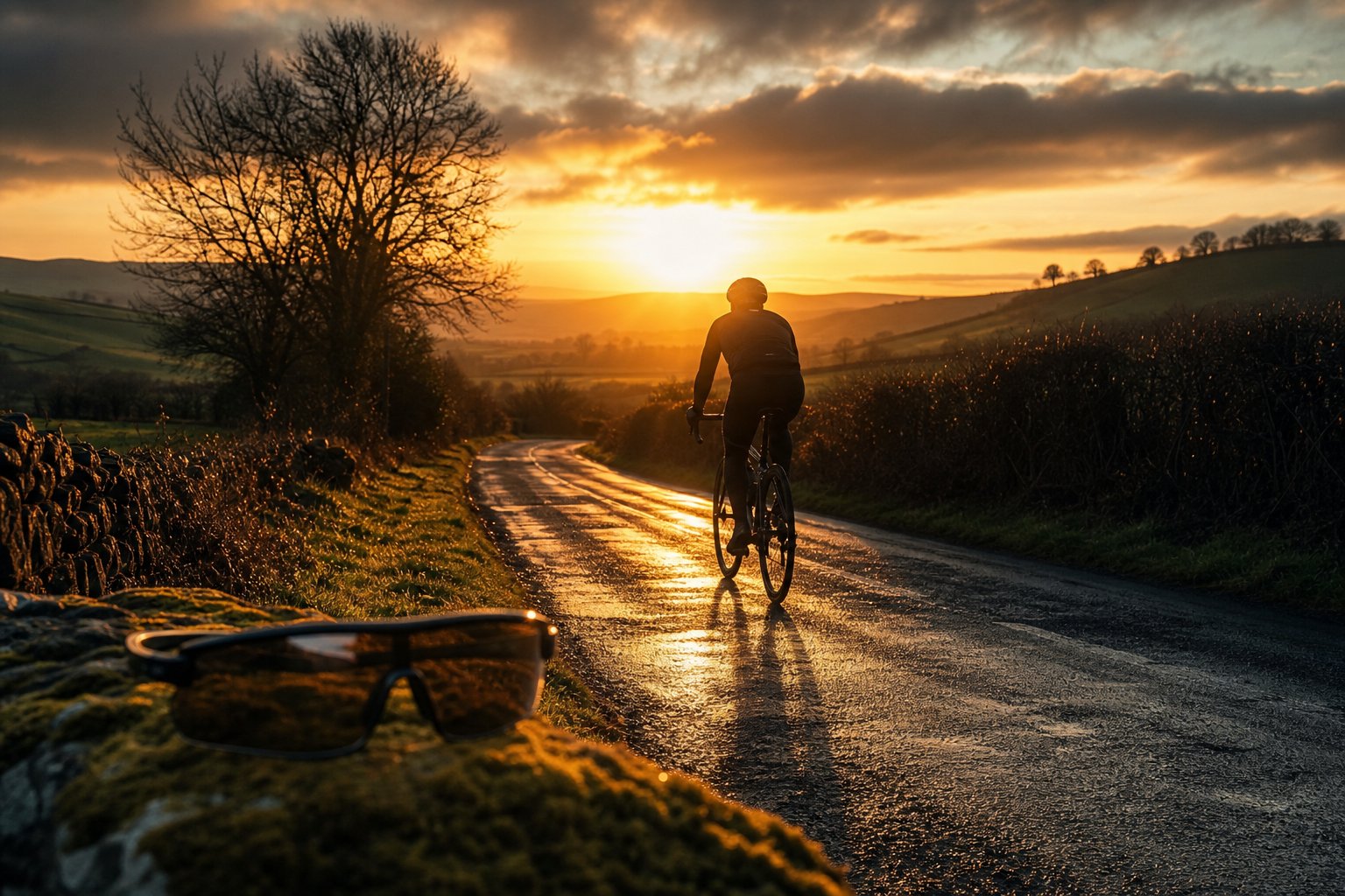 Cyclist silhouetted on a wet British lane riding into low golden sun, polarised cycling glasses resting in the foreground