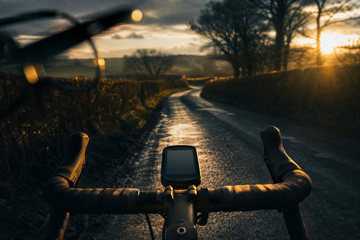 Blank bike computer on handlebars in streaks of low sun, polarised sunglasses blurred at the frame edge
