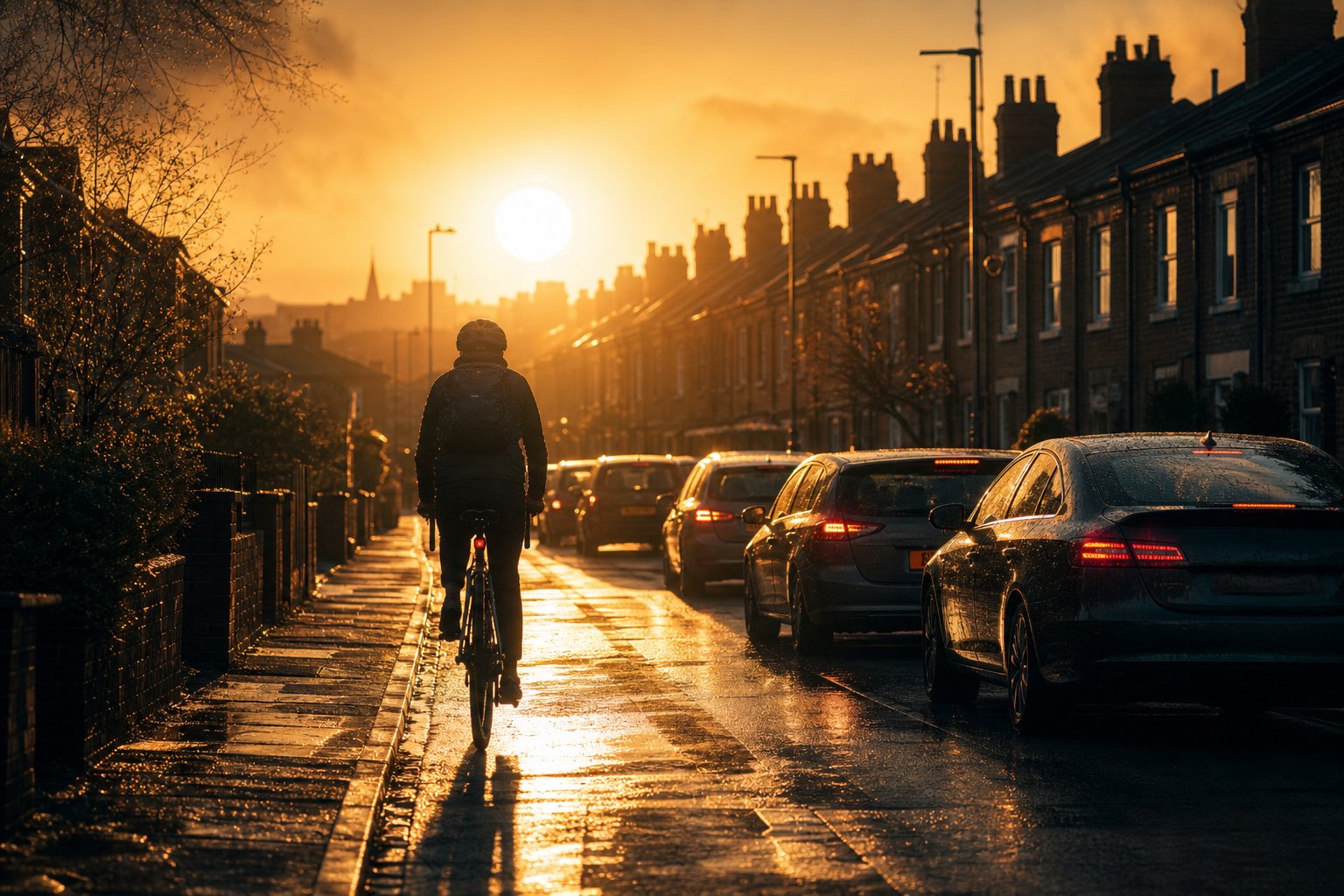 UK commuter cycling into dazzling low winter sun above terraced rooftops, wet street mirroring the glare