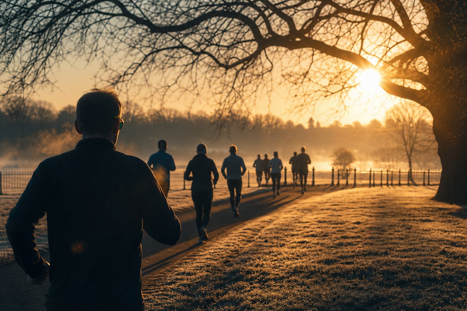Parkrun runners in low January sun over frosty grass, the glare beginner running sunglasses are made for