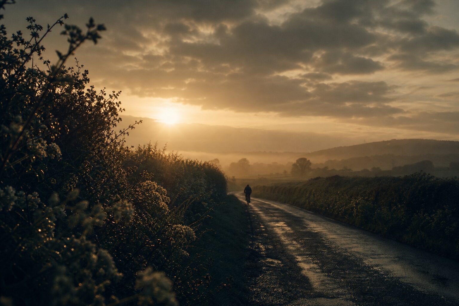 Grey, flat-lit British lane on a cloudy day under low overcast, hedgerows fading to soft cloud, no shadows on the road
