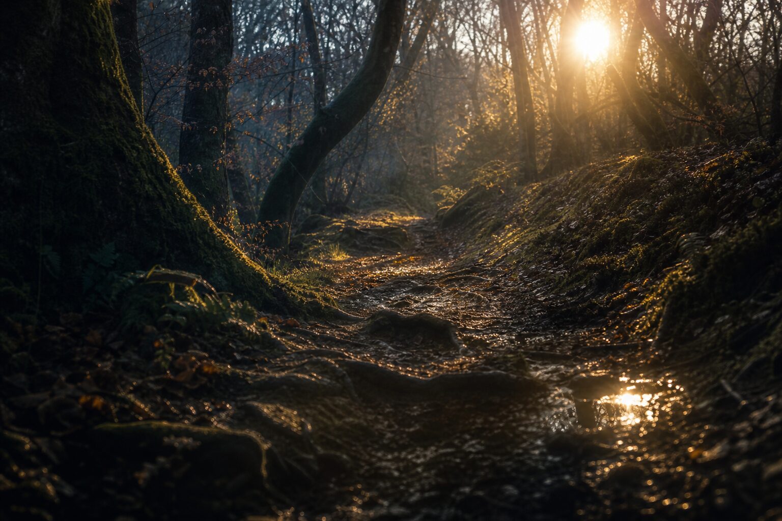 Shaded woodland singletrack for mountain biking, wet roots and puddles glinting under broken canopy light.