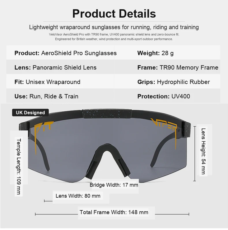 VeloVisor cycling sunglasses specifications showing 28g TR90 frame and Cat 3 UV400 lens