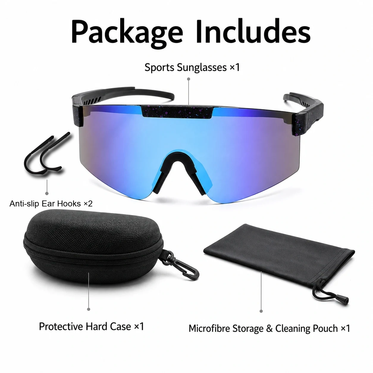VeloVisor package includes sunglasses, hard case, microfibre pouch and recommended ear hooks